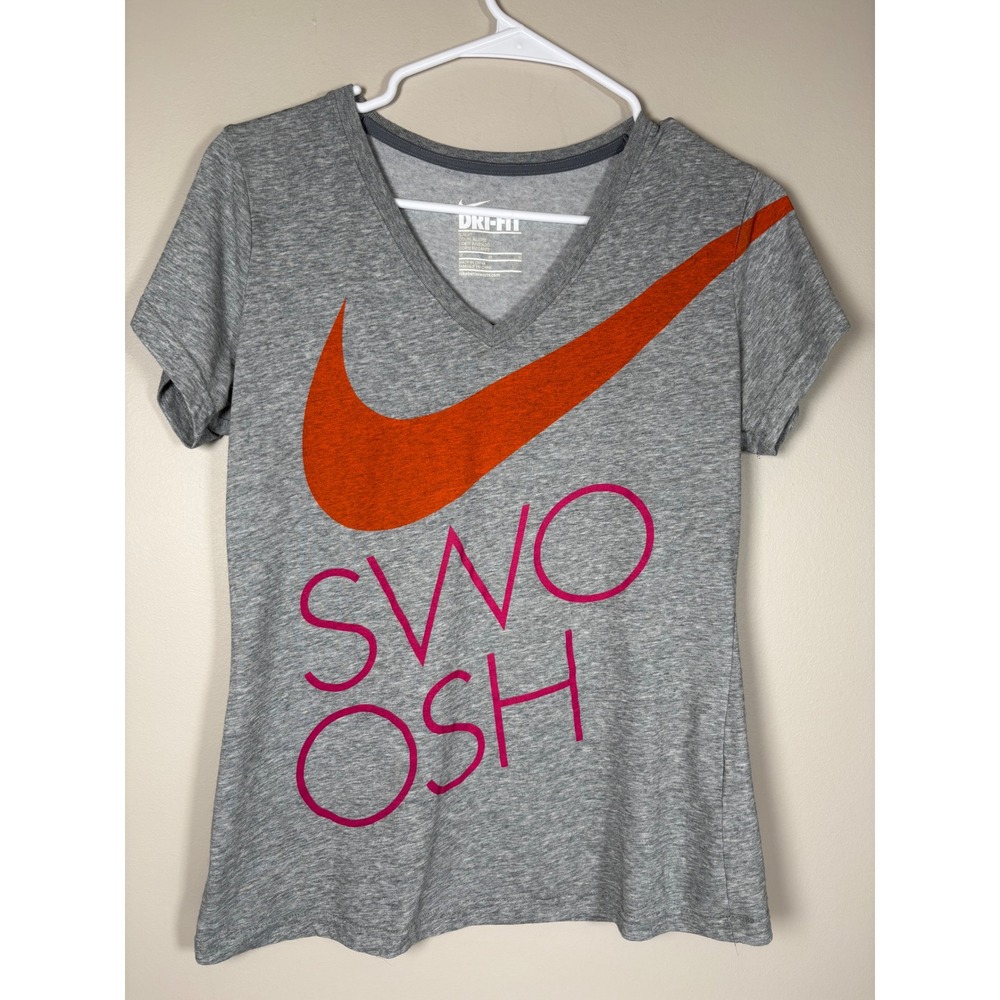 Nike Womens Dri-FIT Slim V-Neck Graphic Swoosh T-Shirt Gray Orange Active Gym